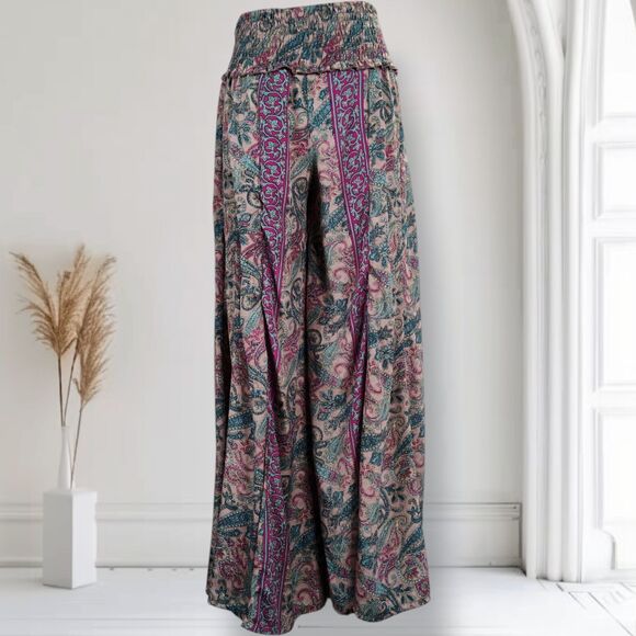 Karma Highway Palazzo Wide Leg Pants One Size Smocked Waist Boho Paisley Viscose - Picture 2 of 14